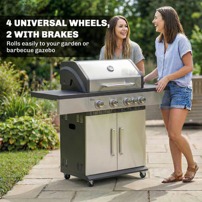 Outsunny 5 burner stainless steel gas bbq grill with black accents and four universal wheels includes two brakes