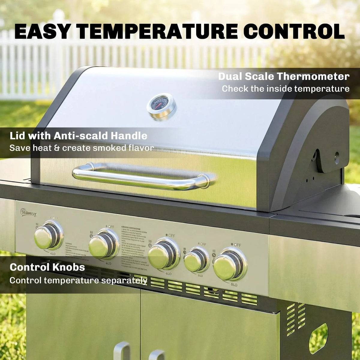 Outsunny 5 burner stainless steel and black gas BBQ grill with dual scale thermometer and four control knobs