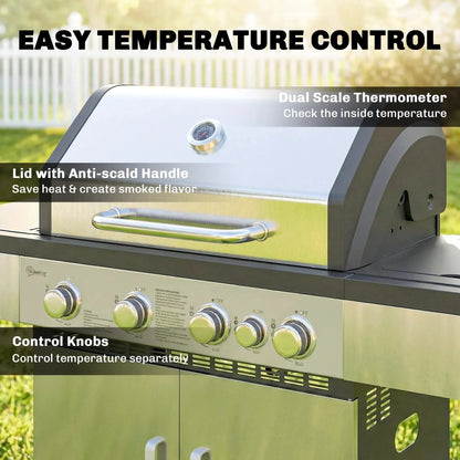 Outsunny 5 burner stainless steel and black gas BBQ grill with dual scale thermometer and four control knobs