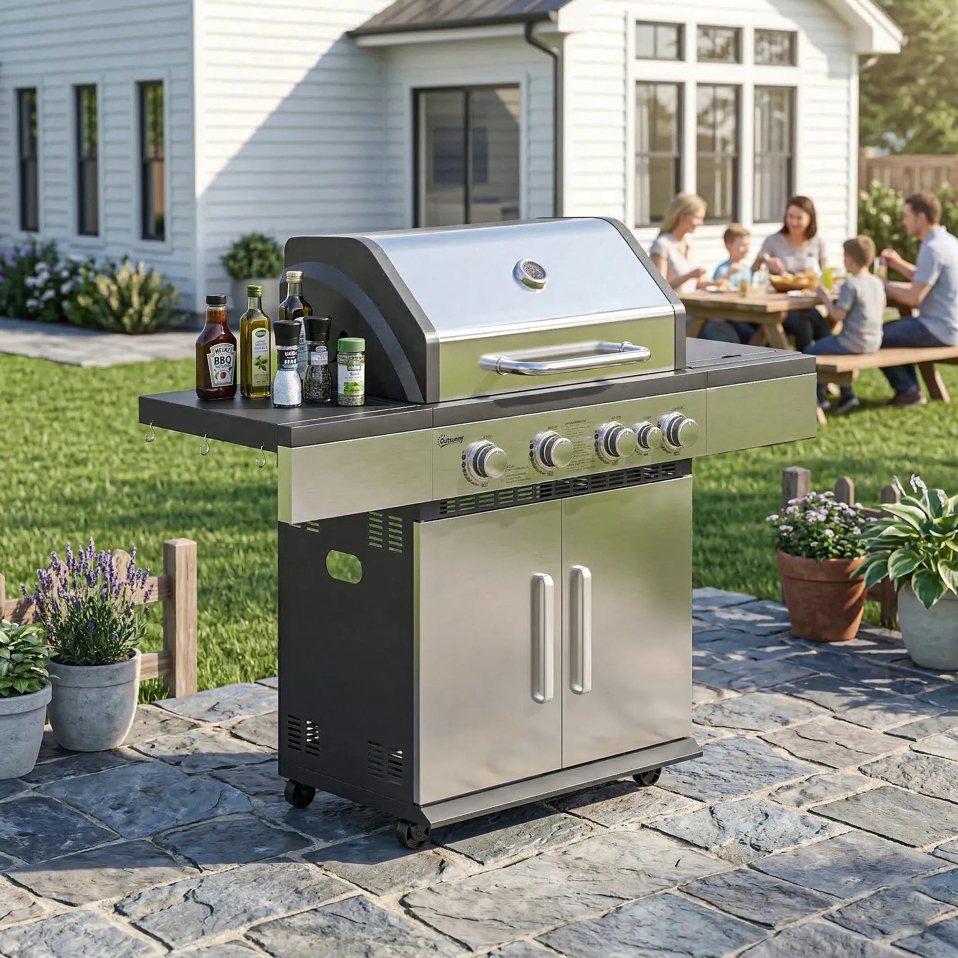 Outsunny stainless steel 5 burner gas BBQ grill with black countertop, cabinet doors, four knobs, and side shelf