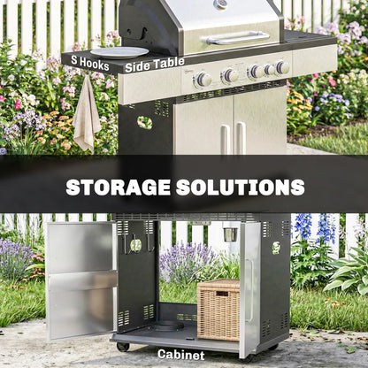 Outsunny 5 burner stainless steel gas bbq grill with side table and storage cabinet for outdoor cooking