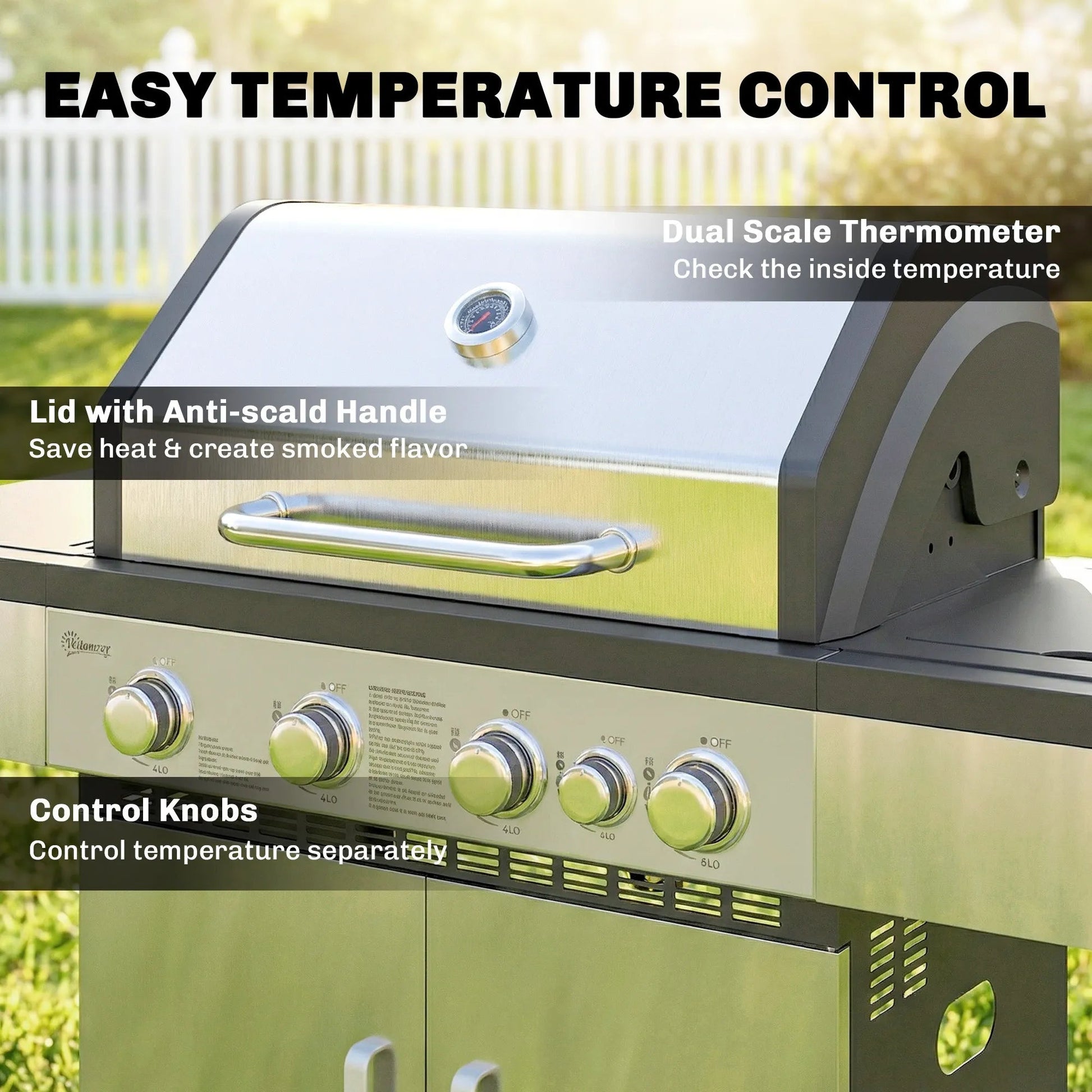Outsunny stainless steel 5 burner gas bbq grill with sleek modern design, four control knobs, and anti-scald handle