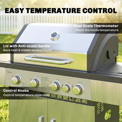 Outsunny stainless steel 5 burner gas bbq grill with sleek modern design, four control knobs, and anti-scald handle