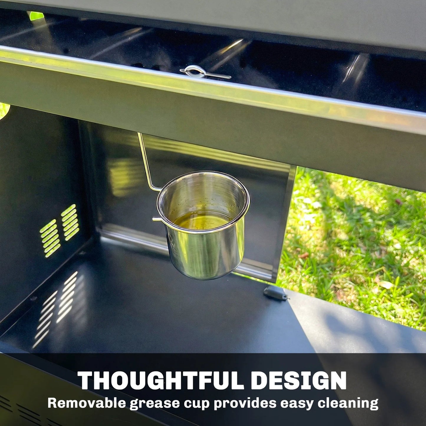 Stainless steel grease cup with handle hanging on the side of an outsunny 5‑burner gas bbq grill 48000 btu