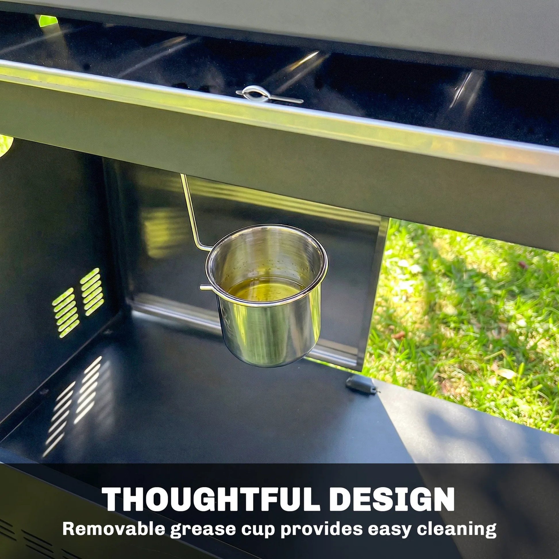 Stainless steel grease cup with handle hanging on the side of an outsunny 5‑burner gas bbq grill 48000 btu