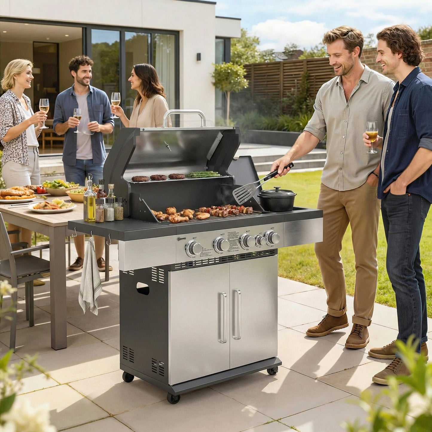 Outsunny 5 burner stainless steel gas grill with black accents and built in side table 48000 BTU