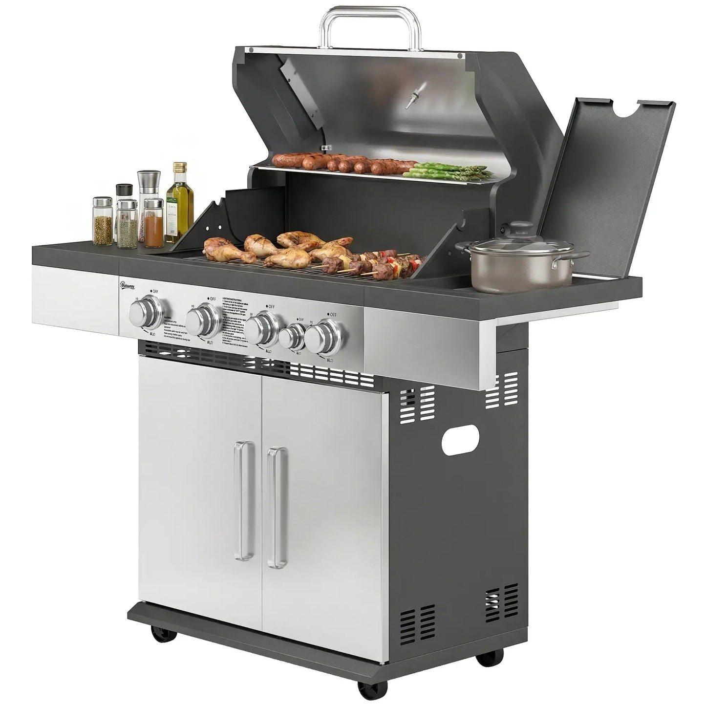 Outsunny 5 burner gas bbq grill in stainless steel and black with side shelves and storage cabinet below