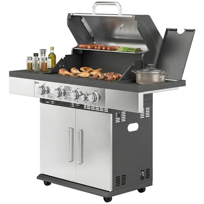 Outsunny 5 burner gas bbq grill in stainless steel and black with side shelves and storage cabinet below