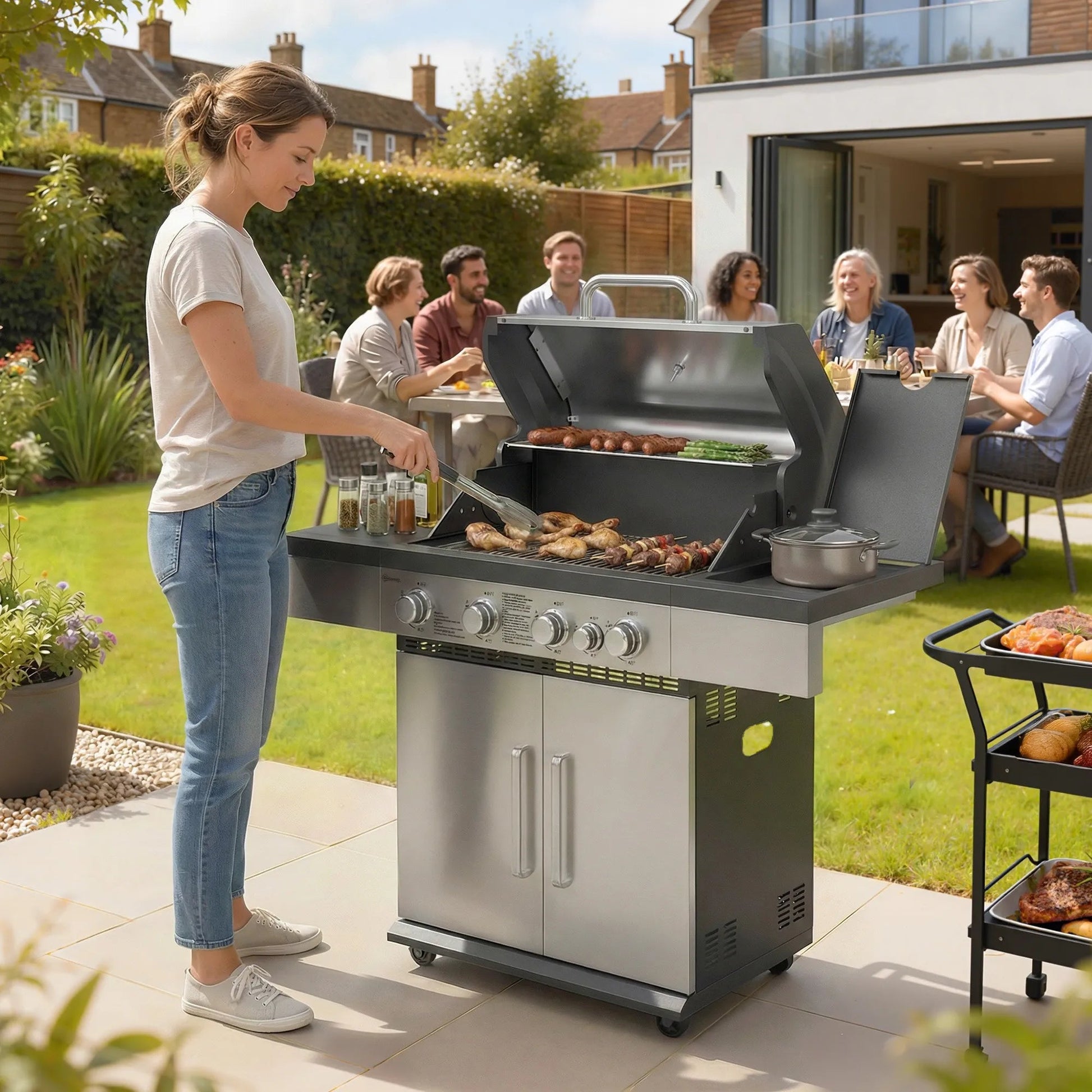 Outsunny stainless steel 5 burner gas BBQ grill with black countertop and side cabinets 48000 BTU model 846 196V70SR