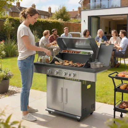 Outsunny stainless steel 5 burner gas BBQ grill with black countertop and side cabinets 48000 BTU model 846 196V70SR