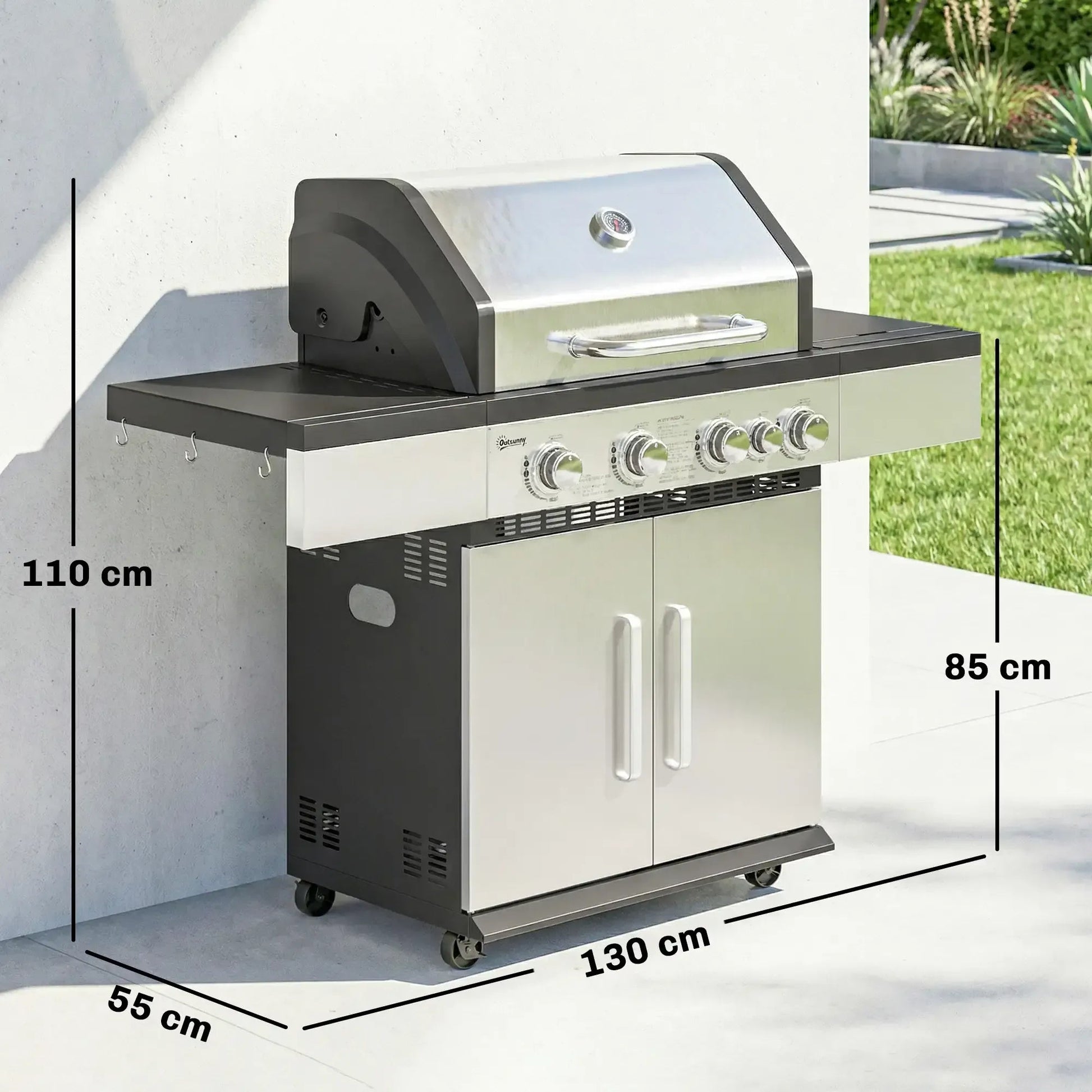 Outsunny 5-burner stainless steel and black gas bbq grill with four burners cast iron grates and side storage cabinets