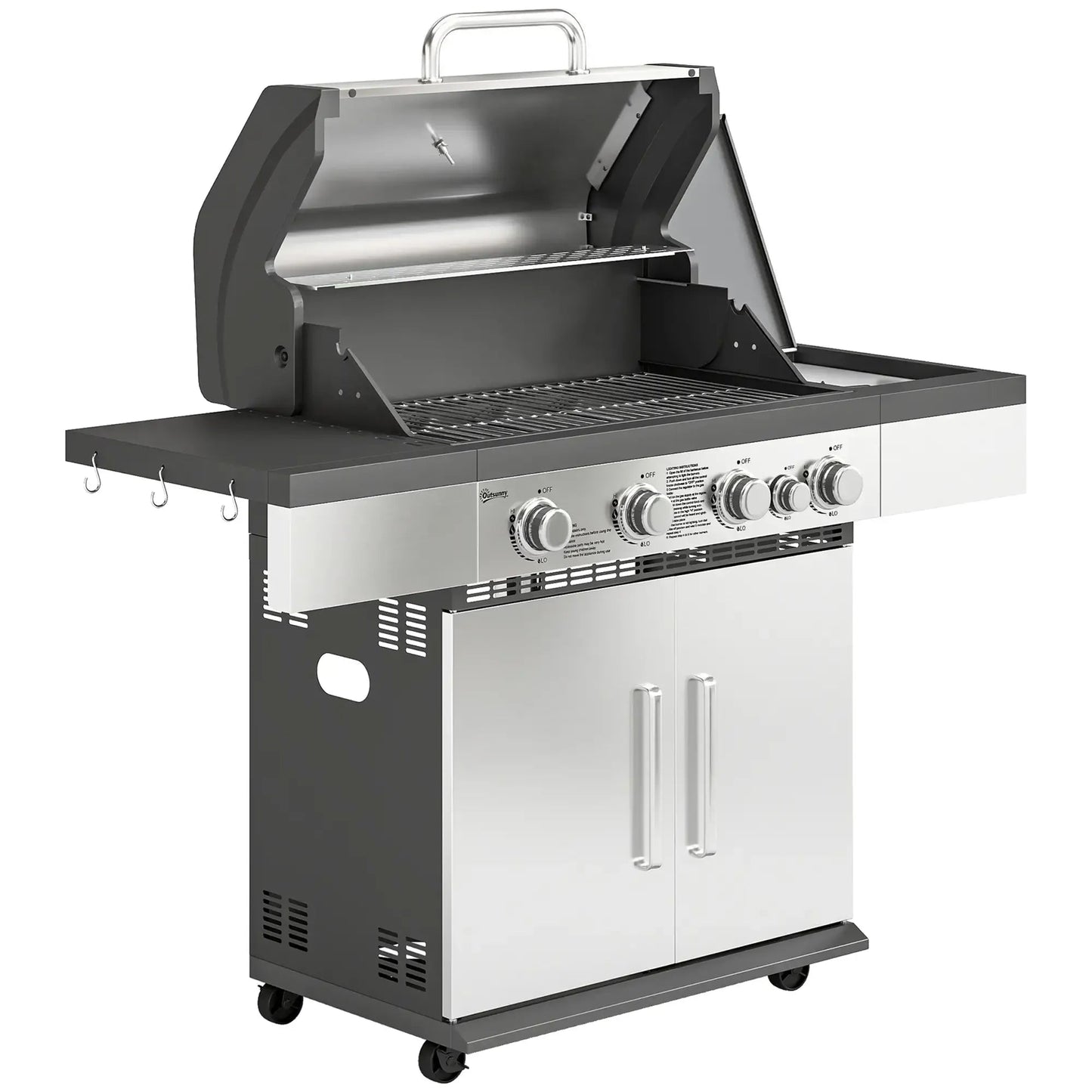 Outsunny 5 burner stainless steel and black gas BBQ grill with four control knobs and side storage cabinets