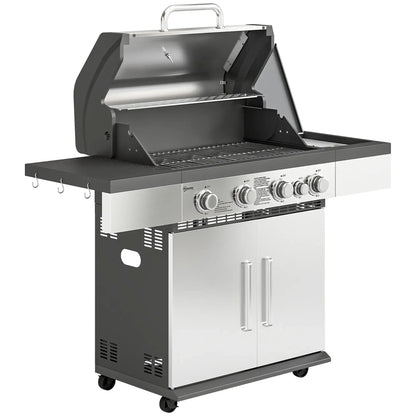 Outsunny 5 burner stainless steel and black gas BBQ grill with four control knobs and side storage cabinets
