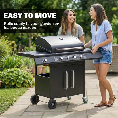 Outsunny 5‑Burner Gas BBQ Grill with Side Burner & Storage Cabinet - Black | 846‑184V70BK - BBQs & Grills