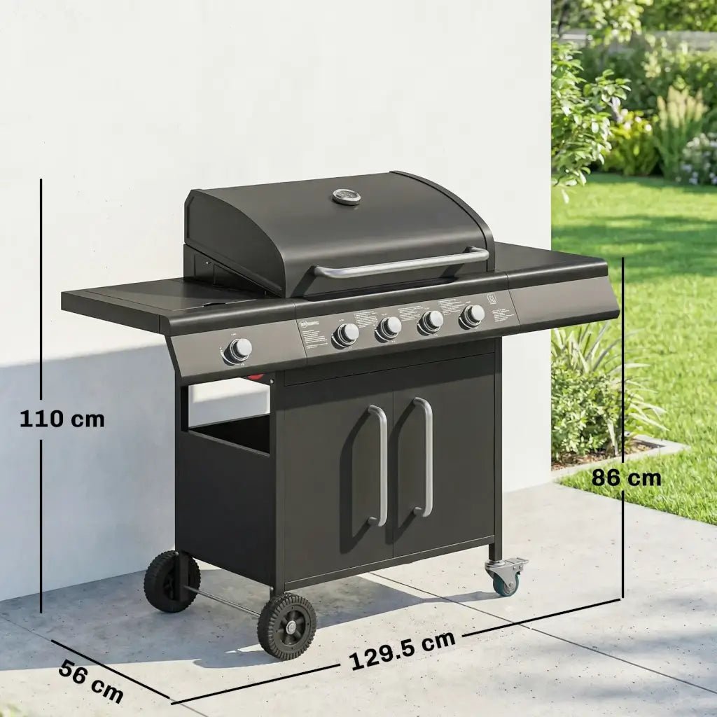 Outsunny 5‑Burner Gas BBQ Grill with Side Burner & Storage Cabinet - Black | 846‑184V70BK - BBQs & Grills