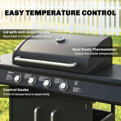 Outsunny 5‑Burner Gas BBQ Grill with Side Burner & Storage Cabinet - Black | 846‑184V70BK - BBQs & Grills