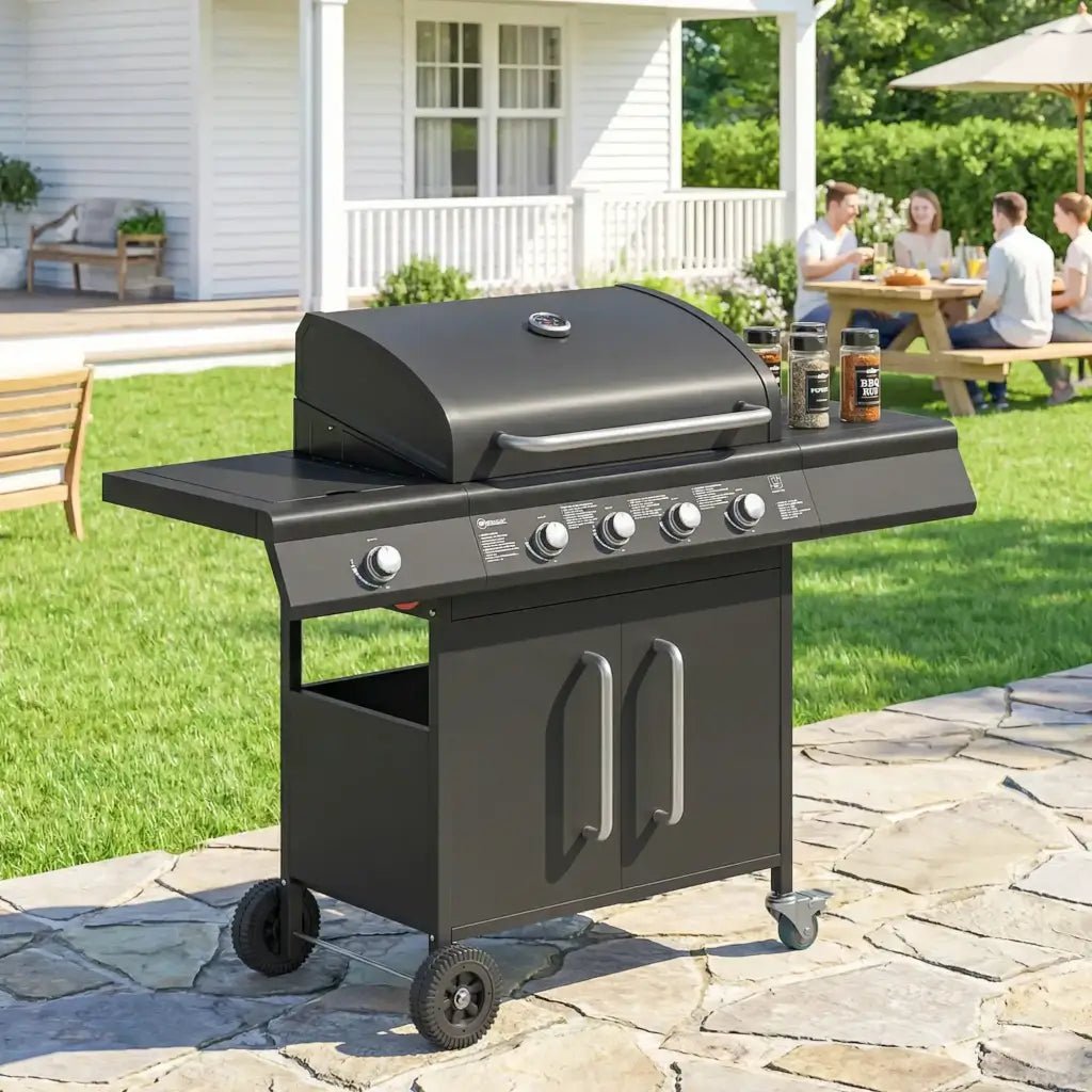 Outsunny 5‑Burner Gas BBQ Grill with Side Burner & Storage Cabinet - Black | 846‑184V70BK - BBQs & Grills