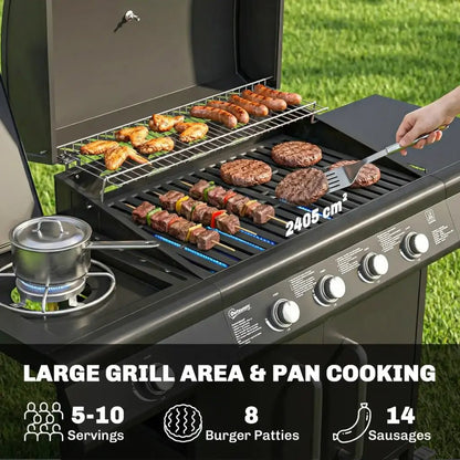 Outsunny 5‑Burner Gas BBQ Grill with Side Burner & Storage Cabinet - Black | 846‑184V70BK - BBQs & Grills