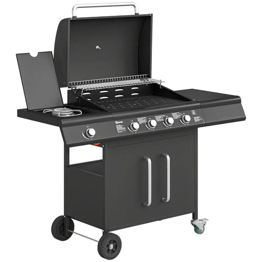 Outsunny 5‑Burner Gas BBQ Grill with Side Burner & Storage Cabinet - Black | 846‑184V70BK - BBQs & Grills