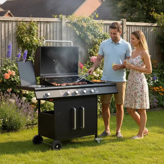 Outsunny 5‑Burner Gas BBQ Grill with Side Burner & Storage Cabinet - Black | 846‑184V70BK - BBQs & Grills