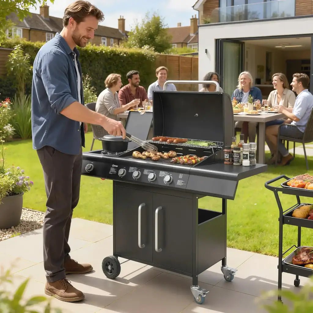Outsunny 5‑Burner Gas BBQ Grill with Side Burner & Storage Cabinet - Black | 846‑184V70BK - BBQs & Grills