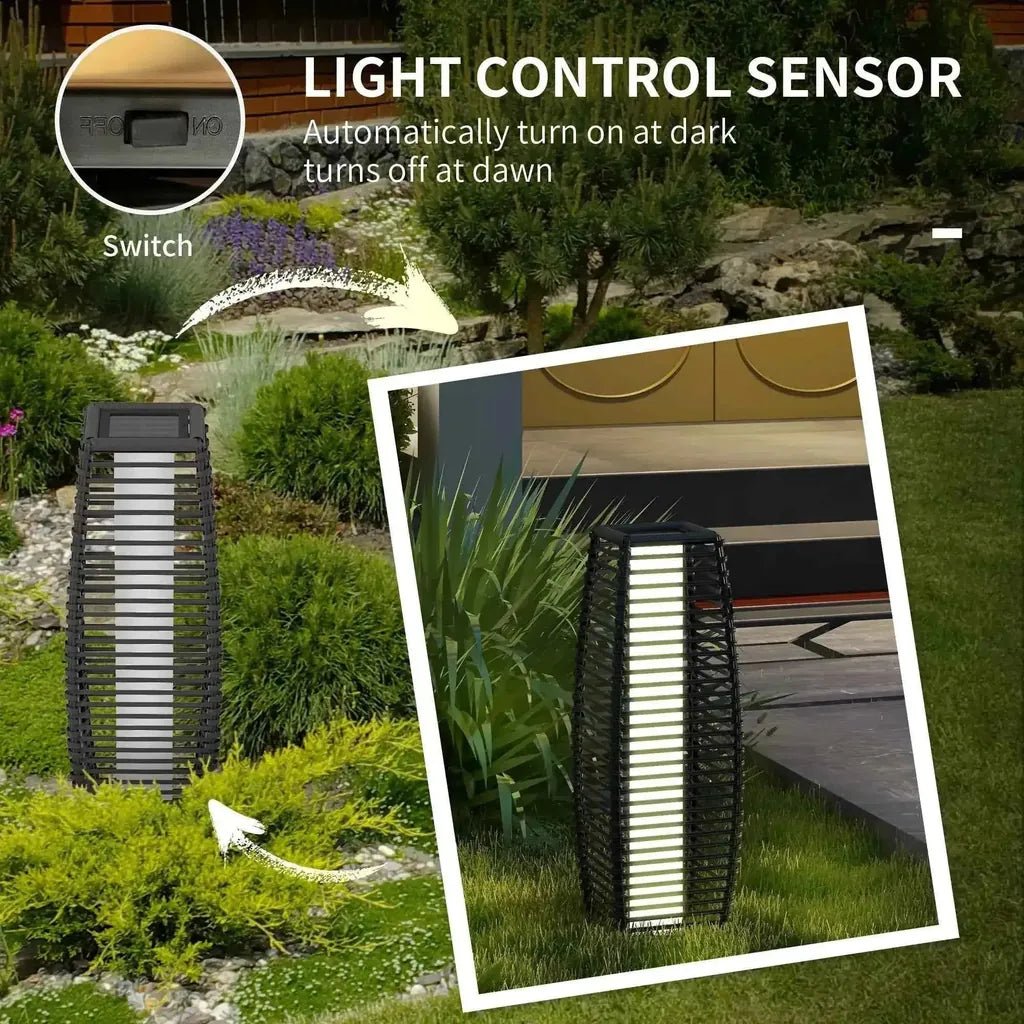 Outsunny 68cm grey black woven rattan solar floor lamp with vertical led light strips and auto-on ip44 outdoor use