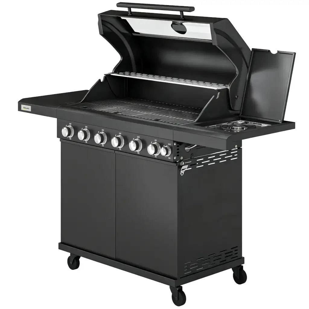 Outsunny 6‑Burner Gas BBQ Grill with Side Burner & Viewing Window - Black | 846 - 265V70BK - BBQs & Grills