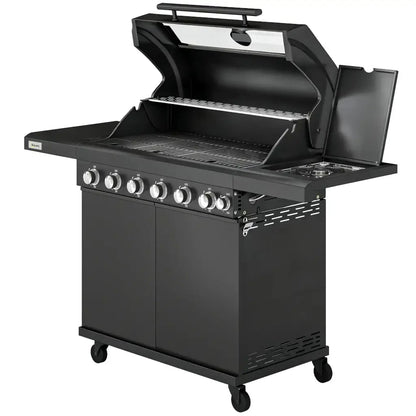 Outsunny 6‑Burner Gas BBQ Grill with Side Burner & Viewing Window - Black | 846 - 265V70BK - BBQs & Grills
