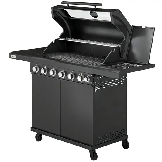 Outsunny 6‑Burner Gas BBQ Grill with Side Burner & Viewing Window - Black | 846 - 265V70BK - BBQs & Grills