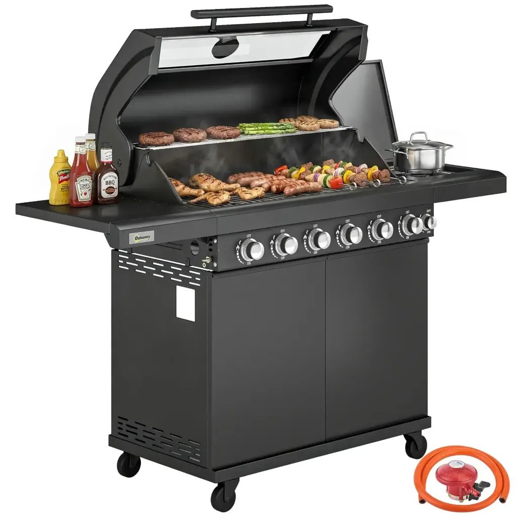 Outsunny 6‑Burner Gas BBQ Grill with Side Burner & Viewing Window - Black | 846 - 265V70BK - BBQs & Grills