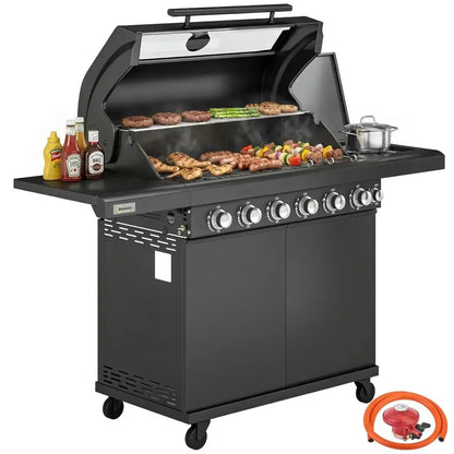 Outsunny 6‑Burner Gas BBQ Grill with Side Burner & Viewing Window - Black | 846 - 265V70BK - BBQs & Grills