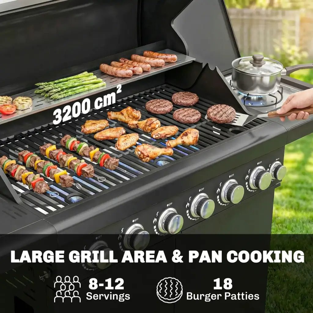 Outsunny 6‑Burner Gas BBQ Grill with Side Burner & Viewing Window - Black | 846 - 265V70BK - BBQs & Grills