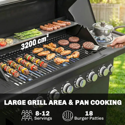 Outsunny 6‑Burner Gas BBQ Grill with Side Burner & Viewing Window - Black | 846 - 265V70BK - BBQs & Grills