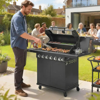 Outsunny 6‑Burner Gas BBQ Grill with Side Burner & Viewing Window - Black | 846 - 265V70BK - BBQs & Grills