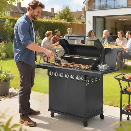 Outsunny 6‑Burner Gas BBQ Grill with Side Burner & Viewing Window - Black | 846 - 265V70BK - BBQs & Grills