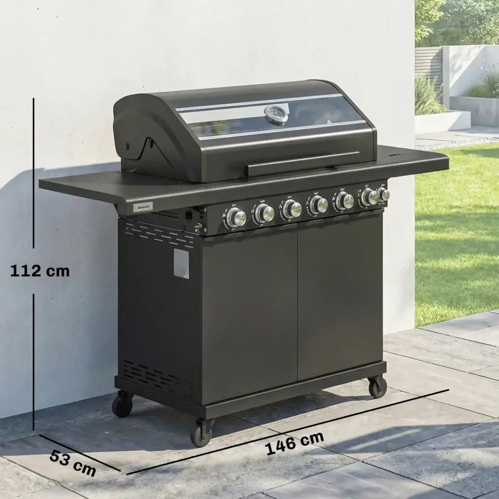 Outsunny 6‑Burner Gas BBQ Grill with Side Burner & Viewing Window - Black | 846 - 265V70BK - BBQs & Grills