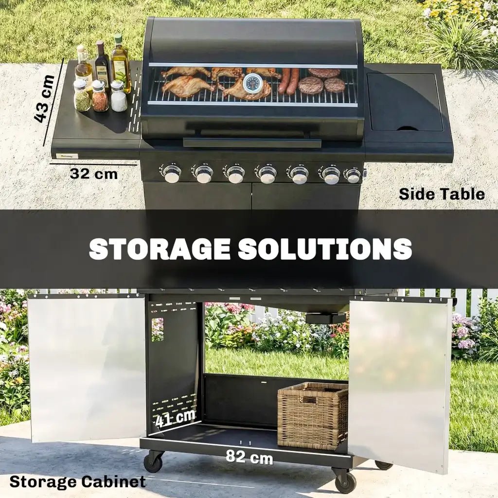 Outsunny 6‑Burner Gas BBQ Grill with Side Burner & Viewing Window - Black | 846 - 265V70BK - BBQs & Grills