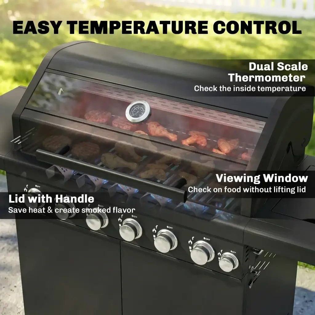 Outsunny 6‑Burner Gas BBQ Grill with Side Burner & Viewing Window - Black | 846 - 265V70BK - BBQs & Grills
