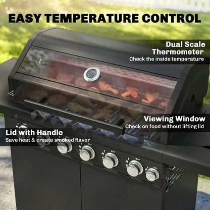 Outsunny 6‑Burner Gas BBQ Grill with Side Burner & Viewing Window - Black | 846 - 265V70BK - BBQs & Grills