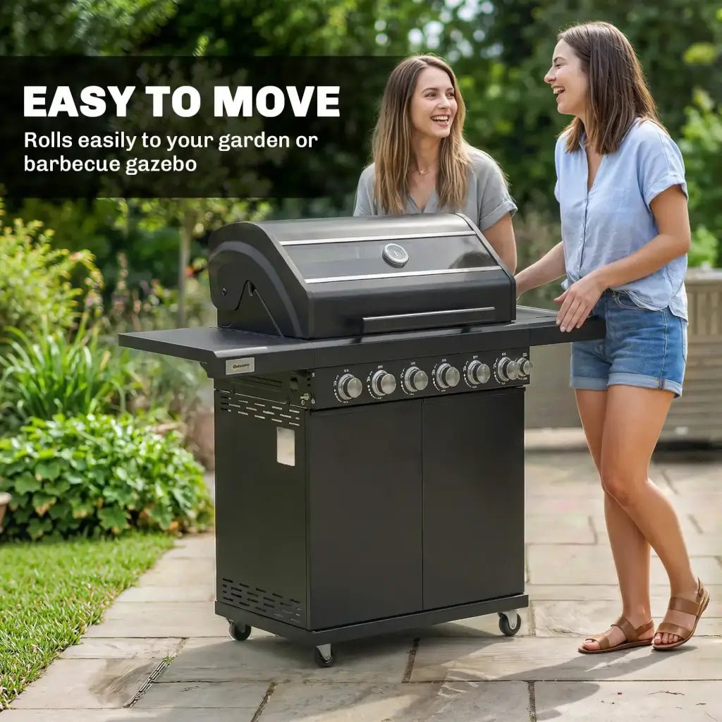 Outsunny 6‑Burner Gas BBQ Grill with Side Burner & Viewing Window - Black | 846 - 265V70BK - BBQs & Grills