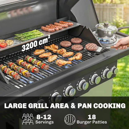Outsunny 6‑Burner Gas BBQ Grill with Side Burner & Viewing Window - Silver | 846‑268V70SR - BBQs & Grills