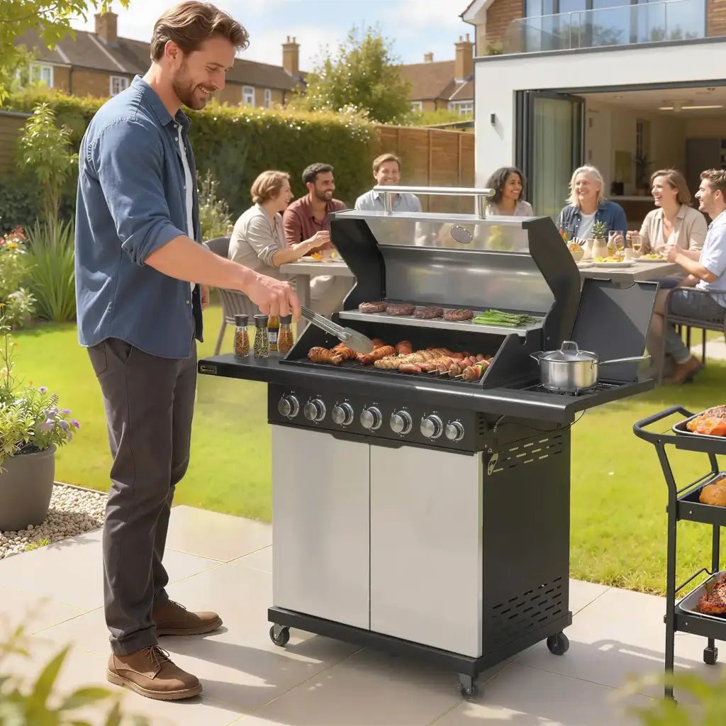 Outsunny 6‑Burner Gas BBQ Grill with Side Burner & Viewing Window - Silver | 846‑268V70SR - BBQs & Grills