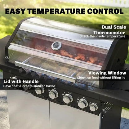 Outsunny 6‑Burner Gas BBQ Grill with Side Burner & Viewing Window - Silver | 846‑268V70SR - BBQs & Grills