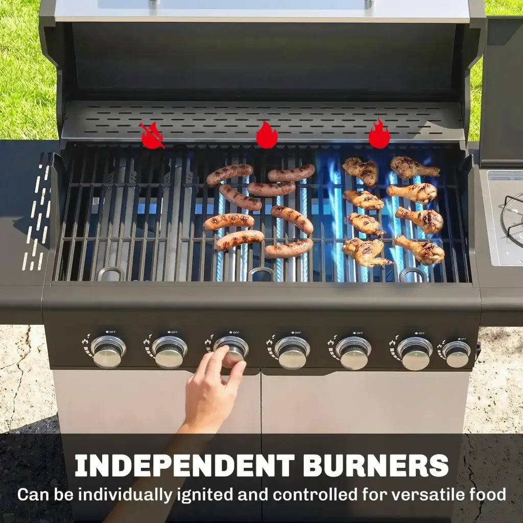 Outsunny 6‑Burner Gas BBQ Grill with Side Burner & Viewing Window - Silver | 846‑268V70SR - BBQs & Grills
