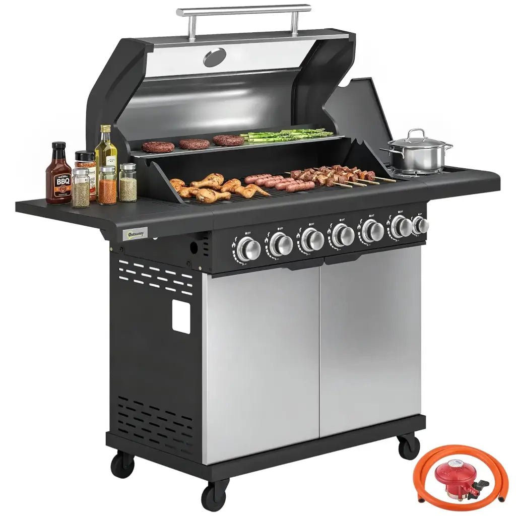 Outsunny 6‑Burner Gas BBQ Grill with Side Burner & Viewing Window - Silver | 846‑268V70SR - BBQs & Grills