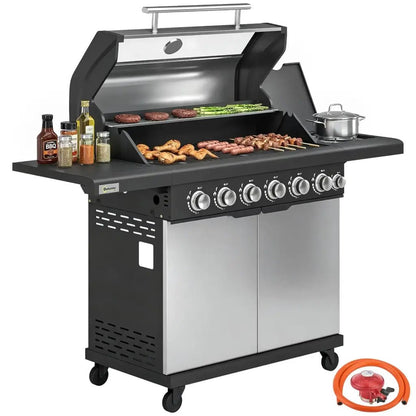 Outsunny 6‑Burner Gas BBQ Grill with Side Burner & Viewing Window - Silver | 846‑268V70SR - BBQs & Grills