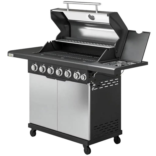 Outsunny 6‑Burner Gas BBQ Grill with Side Burner & Viewing Window - Silver | 846‑268V70SR - BBQs & Grills