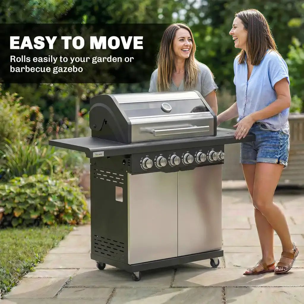 Outsunny 6‑Burner Gas BBQ Grill with Side Burner & Viewing Window - Silver | 846‑268V70SR - BBQs & Grills