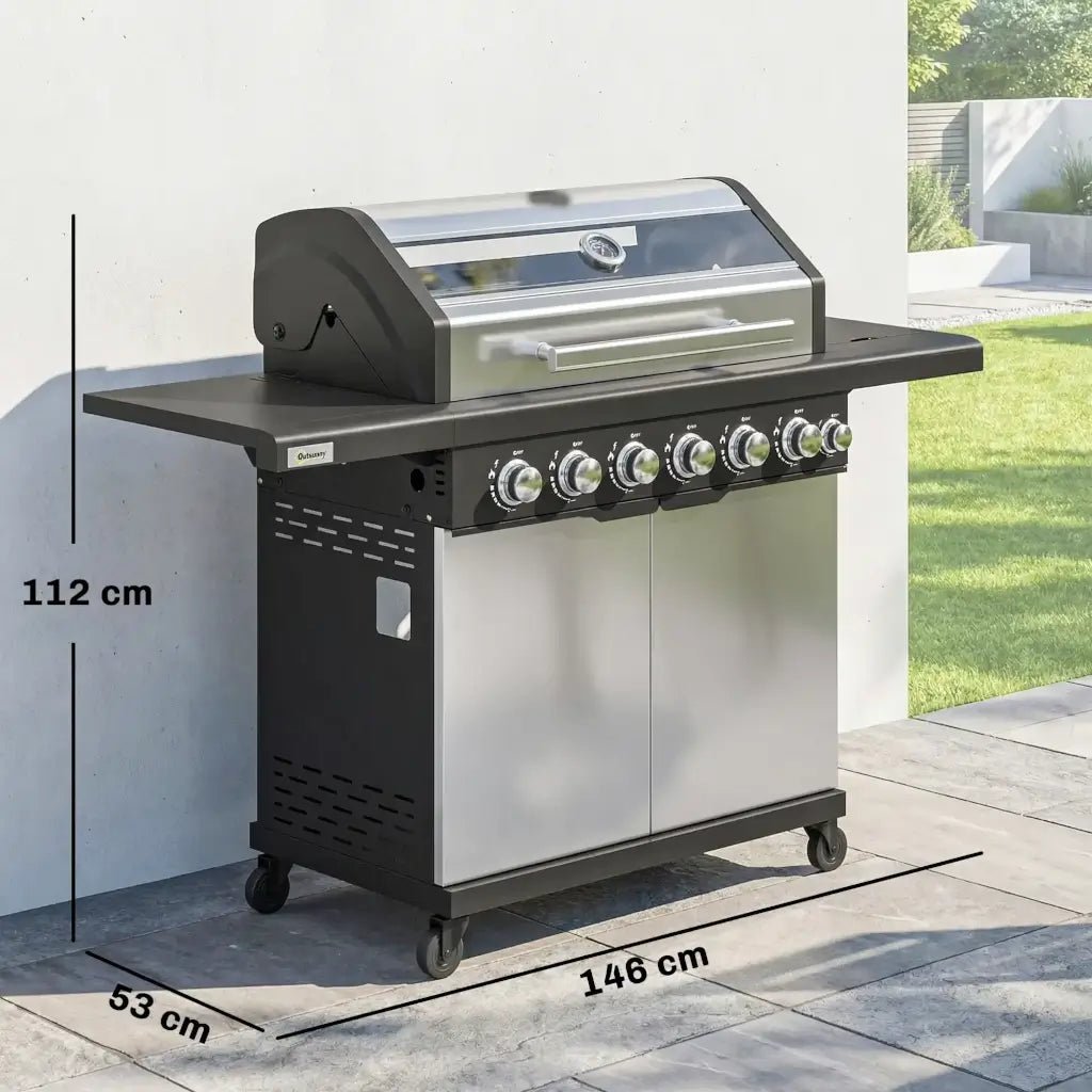 Outsunny 6‑Burner Gas BBQ Grill with Side Burner & Viewing Window - Silver | 846‑268V70SR - BBQs & Grills