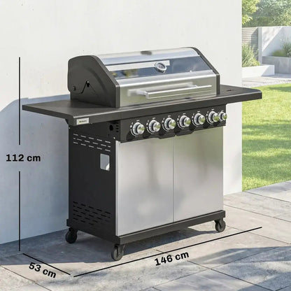 Outsunny 6‑Burner Gas BBQ Grill with Side Burner & Viewing Window - Silver | 846‑268V70SR - BBQs & Grills